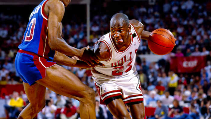 Michael Jordan guarded by Dennis Rodman of the Detroit Pistons